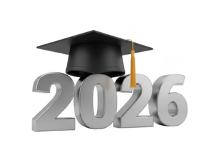 Graduation cap on year 2026 isolated on transparent background