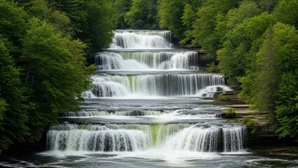 Serene multi-tiered waterfall in lush forest
