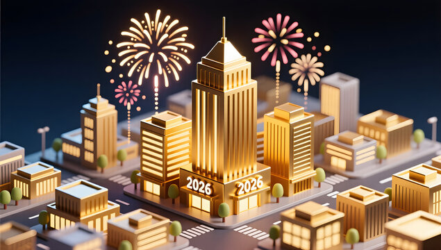 Isometric 2.5D city skyline with 2026 New Year fireworks
