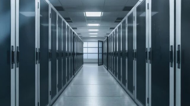 Secure data center corridor with server racks, technology aisle and symmetrical server rack lighting