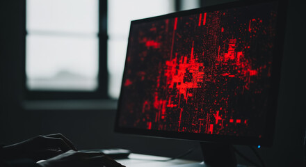 Hacker working on computer with red error screen displaying abstract digital data in a dark room, symbolizing cyber attack and data breach.