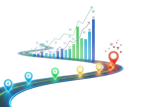 Growing graph with map pins isolated on transparent background