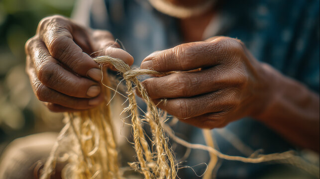 Hands weaving traditional abaca fibers at Bicol Arts Festival in Legazpi City, Philippines, showcasing cultural heritage and craftsmanship in a close-up view
