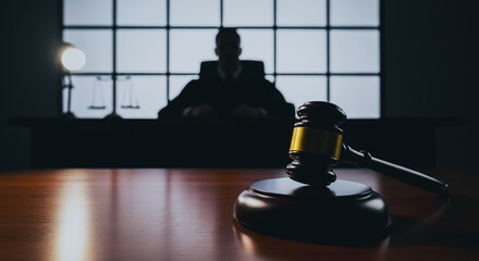 Gavel on the judge's desk in a dark courtroom, symbolizing law, justice, and authority with a silhouetted figure in the background.