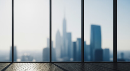 Modern empty room interior with dark wooden floor and large panoramic window overlooking a blurred city skyline background