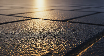 Close-up of textured dark paving stones reflecting golden sunlight at sunset, creating a shimmering bokeh effect on the rough surface