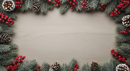 Christmas frame with fir branches, red berries, and pine cones on wood background, festive holiday season backdrop with copy space.