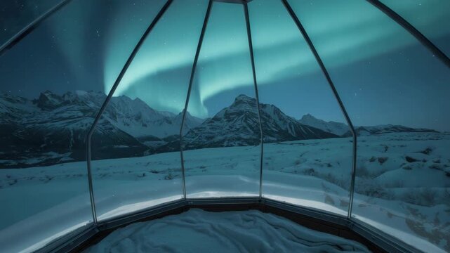 Glass dome cabin with aurora over snowy mountain and serene glass igloo interior night glow