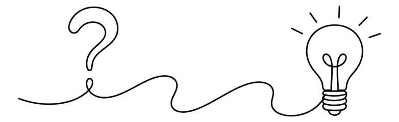 Continuous line art illustration of a question mark and a light bulb depicting the connection between a question and an idea for problem-solving and brainstorming
