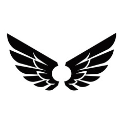 Obraz premium A stylized black silhouette of a pair of angel wings spread wide with a circular opening in the center.