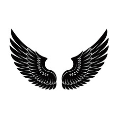 Fototapeta premium A striking black silhouette of a pair of large, spread angel wings against a white background.