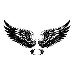 Obraz premium A striking black and white illustration of a pair of large, feathered wings, with two small, clawed feet positioned below them.