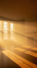 Fototapeta premium Intense golden sunlight streams through windows illuminating dust motes within an empty room