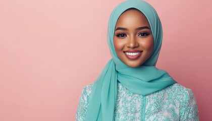 Young woman of color wearing a vibrant aqua hijab smiles warmly against a pale pink background
