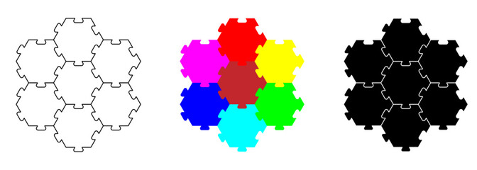 Hexagon puzzle icon set in outline, colorful, and black silhouette styles for creative designs