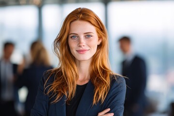 Obraz premium Confident young professional woman with striking red hair smiles in modern office setting