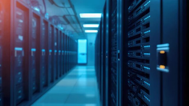 Data center server rack corridor with blue lighting cool atmosphere technology network equipment