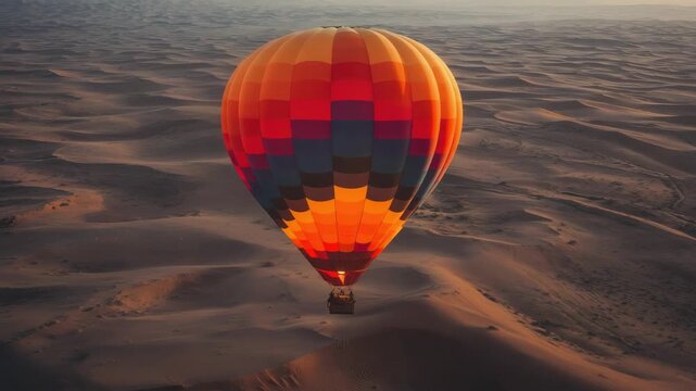 Hot air balloon drifting and floating over golden desert dunes at sunrise with warm aerial sand glow