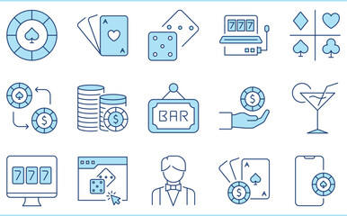 A set of flat icons related to Casino and Gambling. Games, luck, money, cards, drinks, roulette, poker, and so on.