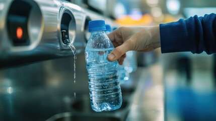 Sustainable hydration practice A person using a public water dispenser to refill a reusable bottle, highlighting eco-friendly habits and accessible clean water sources