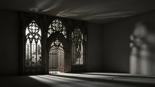 Empty square room with Abandoned night castle with a large gothic window or crypt. Cathedral medieval architecture