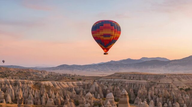 Colorful hot air balloon drifting above rocky fairy chimney valley at sunrise, serene peaceful sky