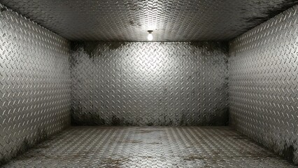 Empty square room with silver-colored heavy iron diamond plate with dirt, grime
