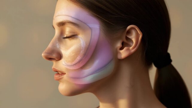 Portrait of woman with serene closed eyes, iridescent face mask, translucent skincare patches