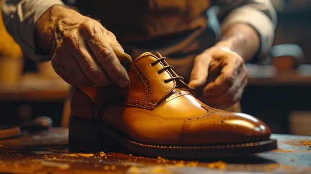 Skilled artisan crafting a classic leather brogue shoe by hand