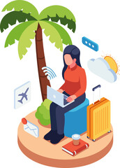 Isometric Digital Nomad Working with Laptop While Traveling