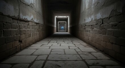 Obraz premium Dimly lit ancient stone corridor recedes into dark perspective toward distant light source