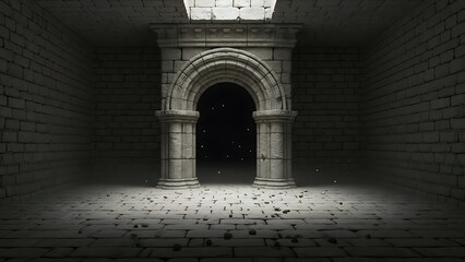 Empty square room with stone arch in the wall