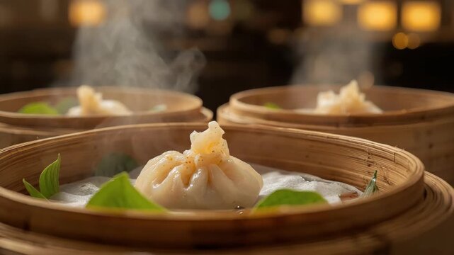 Steaming soup dumpling in bamboo steamer with fresh herb garnish and warm inviting atmosphere
