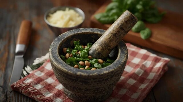 Rustic mortar and pestle crushing fresh basil, pine nut pesto and chickpea herb mixture with knife