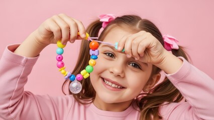 Young Girl Making Beaded Necklace.
