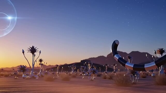 Futuristic Robotic Leopard with Glowing Eyes Roaming a Desert Landscape at Sunset.