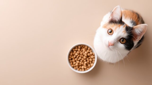 Calico cat looking up at the camera beside a bowl of dry cat food on a beige background with copy space for text or design