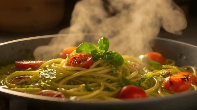 Steaming pasta with basil cherry tomato green sauce spaghetti. pesto pine nut garnish