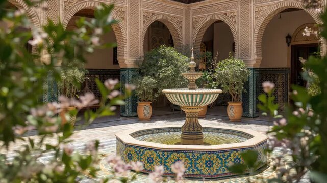 Moroccan courtyard fountain with ornate tiled mosaic basin, arched colonnade, lush potted plants