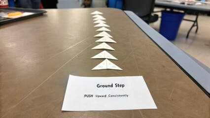 Ground step markers for learning techniques in a classroom setting promoting consistent upward movement and engagement
