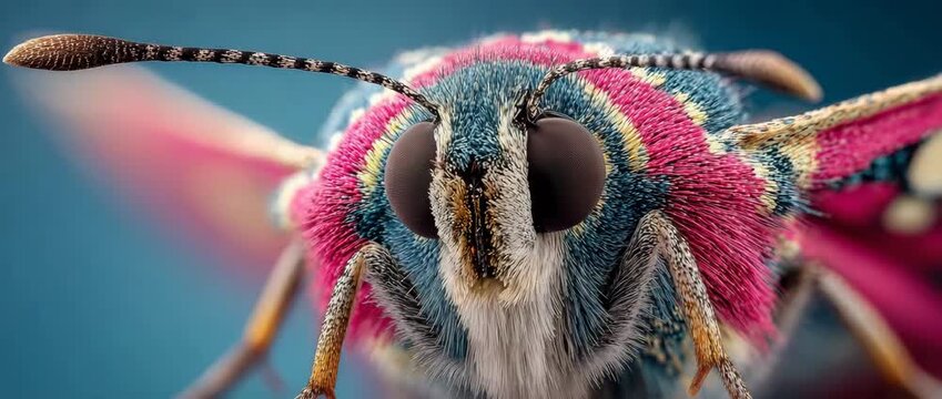 Incredible macro shot of a blue butterfly's face detailing the compound eyes, antennae, and fuzzy texture. Exotic insect portrait showing the beauty of nature and biology.