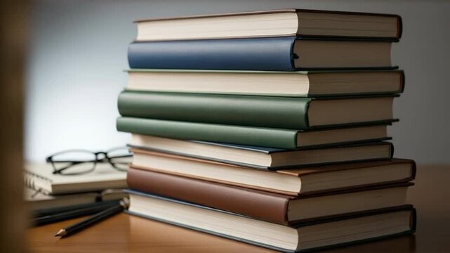 Stack of colorful books with glasses and notebook on a wooden table.