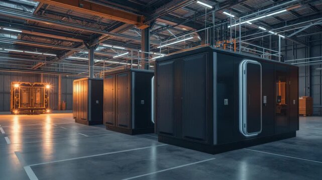 Industrial data center modular pod server room warehouse interior industrial lighting concrete