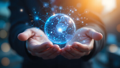 Hands cradle a glowing, interconnected digital sphere radiating light, symbolizing power, possibility, and futuristic connectivity; 4K HD.