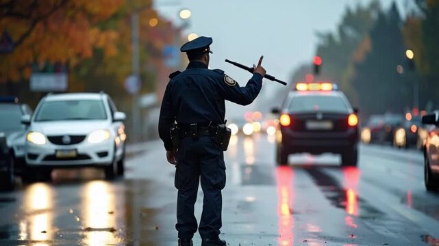 Police officer directing traffic on a wet city street in autumn