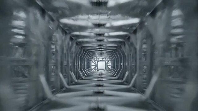 Abstract industrial tunnel perspective with l framework creating a geometric pattern.