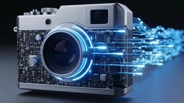 Futuristic camera with glowing blue accents and digital data streams, technology concept.