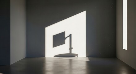 Strong diagonal sunlight projects the shadow of a flat screen device onto an empty interior wall