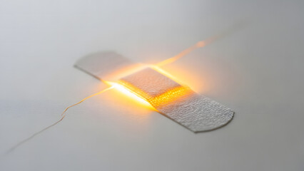 A focused close-up reveals a novel material strip emitting a bright orange glow, illustrating energy conversion or thermal emission in a scientific or technological experiment