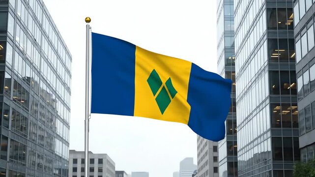Saint Vincent and the Grenadines flag waving in cityscape with modern buildings